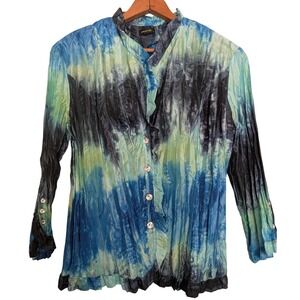 Y2K Button Up Crinkle Top Women Large Bell Sleeve Whimsigoth Fairy Grunge Boho P